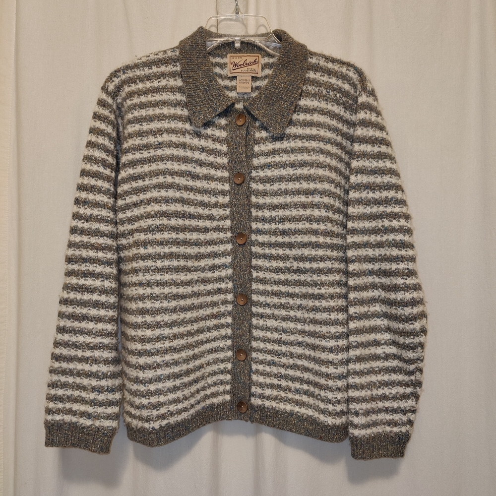 Woolrich Women's Moss Green And Cream Striped Cardigan Wool